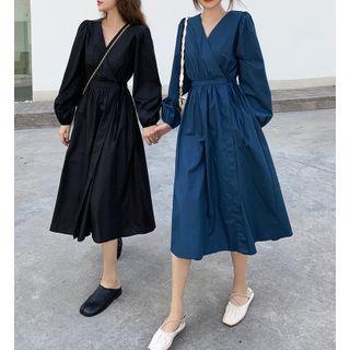 Puff Sleeve V-neck A-line Wrapped Dress