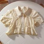 Short-sleeve Collared Lace Trim Blouse Beige - One Size