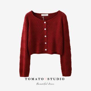 Round-neck Plain Knit Button-up Cropped Cardigan