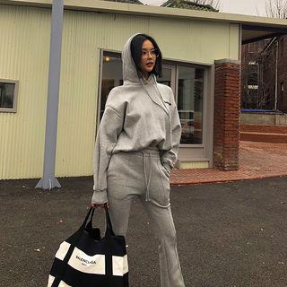 Set: Puff-sleeve Hooded Pullover + Band-waist Boot-cut Pants
