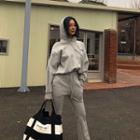 Set: Puff-sleeve Hooded Pullover + Band-waist Boot-cut Pants