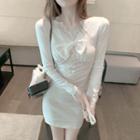 Long-sleeve Lace Trim Mini Sheath Dress White - One Size