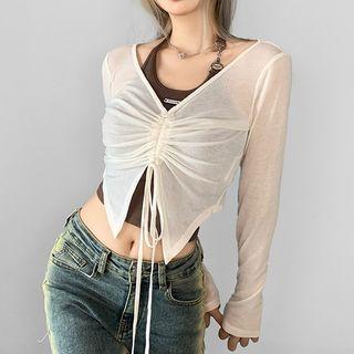 Set: Long-sleeve V-neck Drawstring Crop Top + Halter Top
