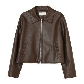 Long-sleeve Lapel Cropped Faux Leather Jacket