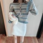 Striped Cardigan / Furry Mini Skirt