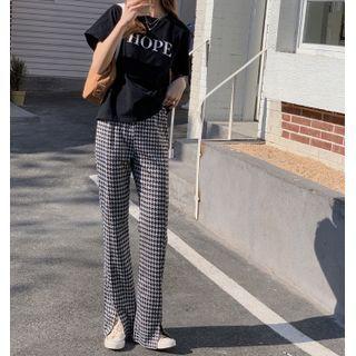 High-waist Plaid Straight Leg Pants Black - One Size