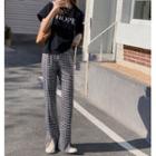 High-waist Plaid Straight Leg Pants Black - One Size
