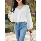 V-neck Balloon-sleeve Textured Blouse