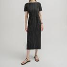 Boatneck Pleated Long Dress With Sash