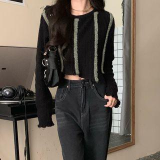 Long-sleeve Striped Cropped Knit Top Black - One Size