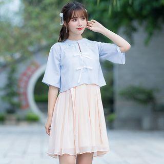 Embroidered Short-sleeve Top / Spaghetti Strap Dress