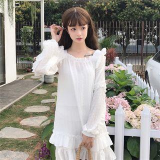 Skirt Open-back Strap Ruffle Long-sleeve Dress White - One Size