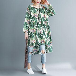Long-sleeve Leaf Print Dip Back A-line Dress