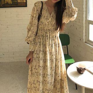 Long-sleeve Flower Print Maxi A-line Dress Beige - One Size