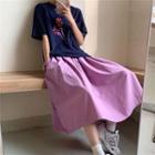 Mock Neck Ruffle-trim Long-sleeve Top/ Flower Print T-shirt/ Plain A-line Skirt