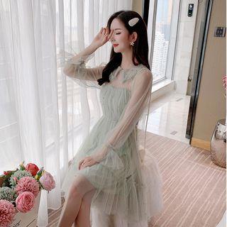 Long-sleeve Embellished Midi A-line Mesh Dress