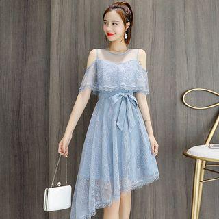 Elbow-sleeve Cold Shoulder Lace Dress