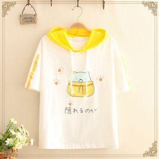 Color-block Bear Print Hooded Top