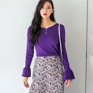 Buttoned-neckline Ruffle-cuff Knit Top