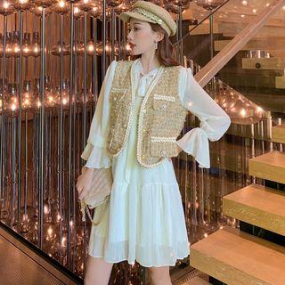 Long-sleeve A-line Dress / Faux Pearl Accent Vest