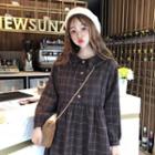 Plaid Long-sleeve Dress Brown - One Size