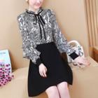Puff-sleeve Printed Panel A-line Dress