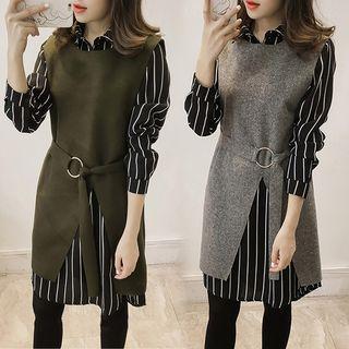 Set: Stripe Long-sleeve Shirt Dress + Slit-front Pinafore Dress