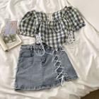 Short-sleeve Plaid Top / Lace-up Denim Skirt