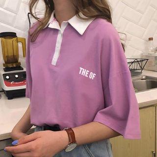Elbow-sleeve Lettering Polo Shirt Dress