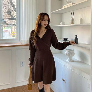 Flared Wrap-front Rib-knit Dress