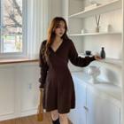 Flared Wrap-front Rib-knit Dress