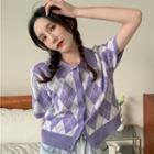 Short-sleeve Argyle Button-up Crop Top