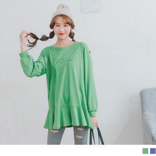 Cold Shoulder Letter Printed Ruffled Hem Top