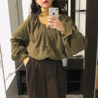 Puff-sleeve Polka Dot Blouse / Long-sleeve Mock Neck Plain Top