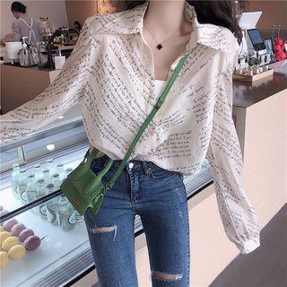 Lettering Long-sleeve Loose-fit Shirt Almond - One Size