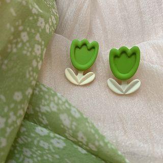 Tulip Resin Earring 1 Pair - Silver Stud - Green & White - One Size