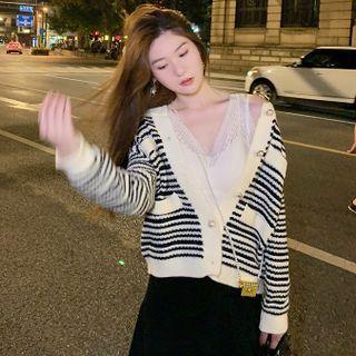 Round Neck Striped Cardigan Black - One Size