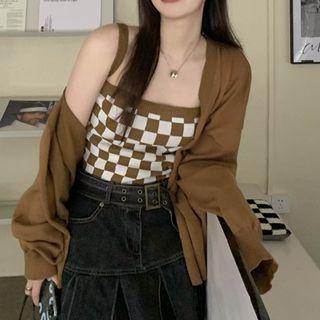 Checkerboard Camisole Top / Plain Cardigan