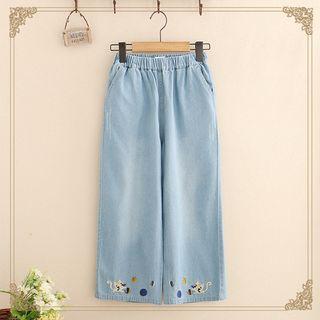 Cat Embroidery Wide-leg Cropped Jeans