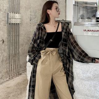 Plaid Loose-fit Shirt / Plain Tube Top / High-waist Pants