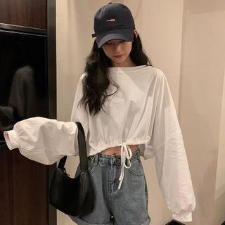 Drawstring Hem Round Neck Cropped Pullover