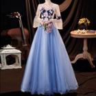 Wide-sleeve Floral A-line Evening Gown