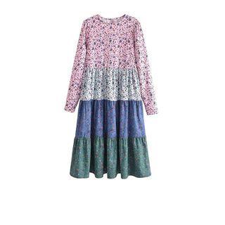 Long-sleeve Floral Print Color Block Midi A-line Dress