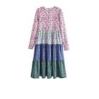 Long-sleeve Floral Print Color Block Midi A-line Dress