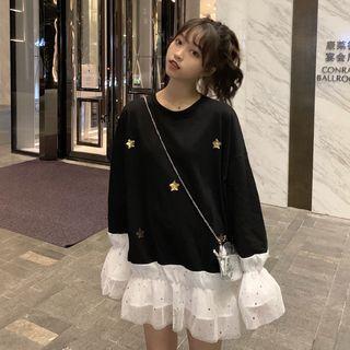 Bell-sleeve Star Sequined Ruffled Trim Sweatshirt