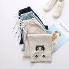 Embroidered Cat Drawstring Straight-cut Pants