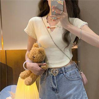 Short-sleeve Lace Trim Cropped T-shirt Beige - One Size