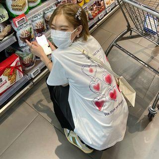 Elbow-sleeve Heart Print T-shirt Red Love Heart - White - One Size