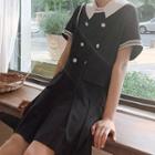 Double-breasted Short-sleeve Collared Pleated Dress