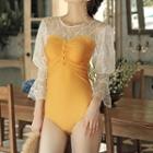Lace Panel 3/4-sleeve Swimsuit